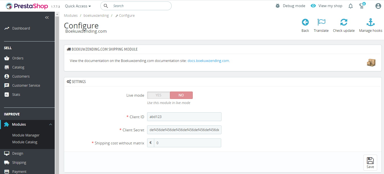 Boekuwzending for PrestaShop: Configure the module